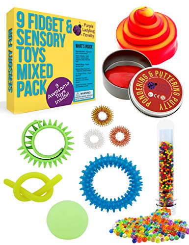Product Cover Purple Ladybug Sensory Toys Set for Kids - 9 Fully Tested Fidget Toys for Stress & Anxiety Relief, BPA & Phthalate Free Fidgets: Putty, Water Beads, Squishy Stress Ball, & More! Fun Gift for Children!