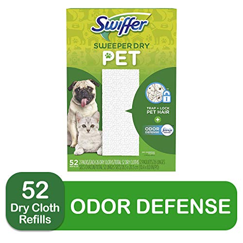 Product Cover Swiffer Sweeper Dry Mop Pet Refills for Floor Mopping and Cleaning, All Purpose Cleaning Product, Odor Defense with Febreze Freshness, 52 Count