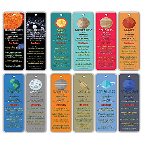 Product Cover Outer Space Planets Universe Fun Facts Bookmark Cards (60-Pack)- Astronomy Sun Venus Mars Earth Moon Jupiter Saturn Uranus Neptune - Astrophysics Party Favors - Teacher Classroom Incentive Giveaways