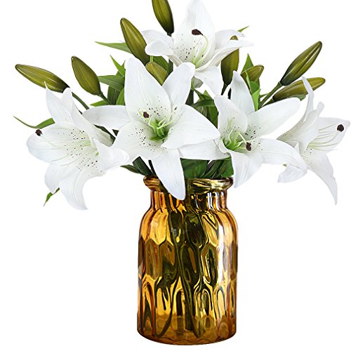 Product Cover RERXN Artificial Tiger Lily Latex Real Touch Flower Home Wedding Party Decor,Pack of 5 (White)