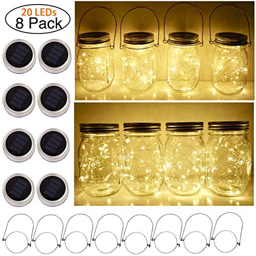 Product Cover Solar Mason Jar Lid String Lights, 8 Pack 20 Led String Fairy Star Firefly Jar Lids Lights with 8 Hangers Included (Jars Not Included), for Mason Jar Patio Garden Wedding Lantern