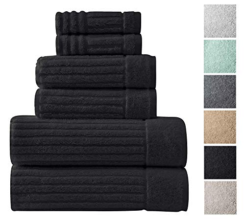 Product Cover Classic Turkish Towels 6 Piece Heavy Duty Fast Drying Bath Sets Made with 100% Turkish Cotton - Includes 2 Fingertip Towels (Black)