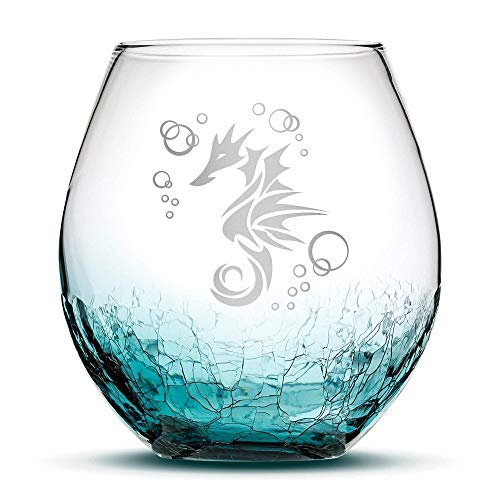 Product Cover Integrity Bottles Premium Seahorse Stemless Wine Glass, Crackle Teal, Handblown, Tribal Design, Hand Etched Gifts, Sand Carved