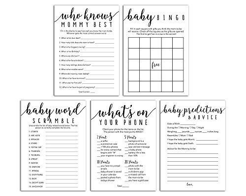 Product Cover Baby Shower Games - Pack of 5 Activities (50 Count for Each) - Advice and Predictions, Bingo, Word Scramble, Whats On Your Phone, and Who Knows Mommy