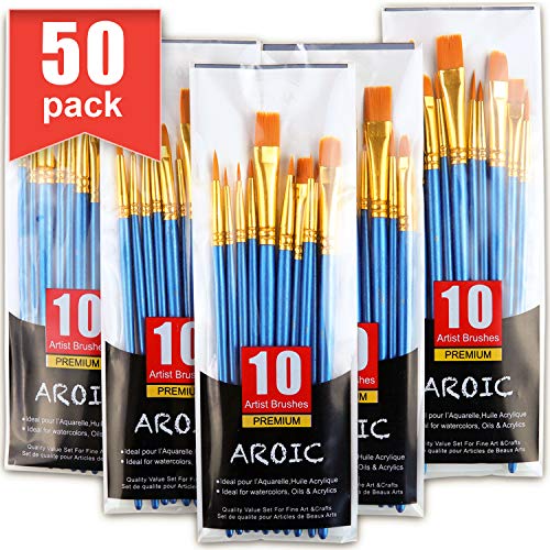 Product Cover AROIC Paintbrushes Set, 5 Packs / 50 pcs Nylon Hair Brushes for All Purpose Oil Watercolor Painting Artist Professional Kits, 50 Pack