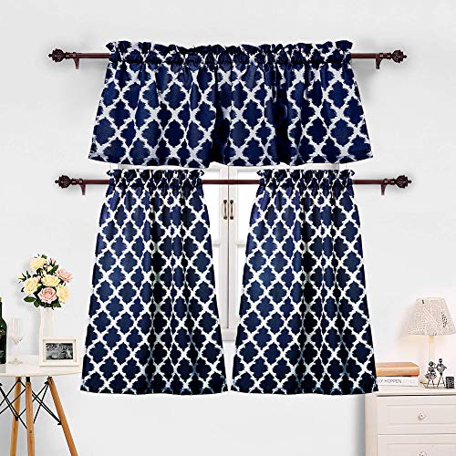 Product Cover 3 Pieces Kitchen Curtains Set Moroccan Cotton Blend Kitchen Cafe Tier Curtains and Valance Geometric Printed Print Rod Pocket Small Window Curtain for Bathroom Navy Blue (Set of 2 Panels 36