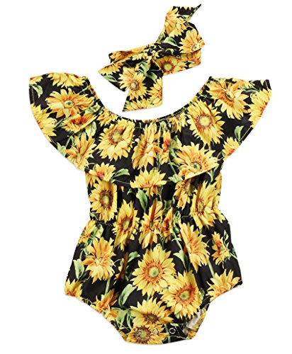Product Cover Newborn Baby Girls Sunflower Romper Off Shoulder Bodysuit Jumpsuit Sunsuit Outfits Set Clothes (Black, 0-6 Months)