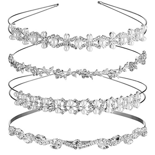 Product Cover TecUnite 4 Pieces Wedding Party Crystal Flower and Leaves Crown Headband and Women's Faux Pearl Rhinestones Headdress for Bride Bridesmaids (Style Set 1)