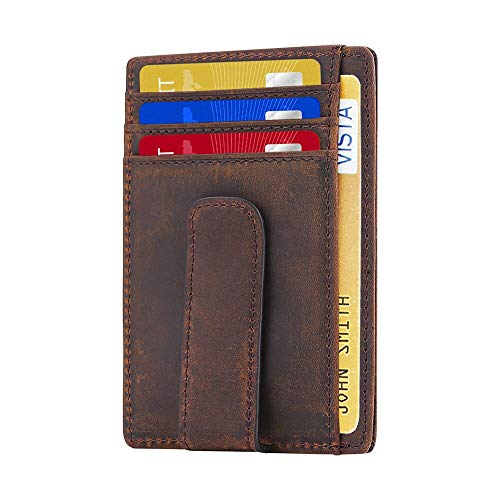 Product Cover Beartwo RFID Blocking Minimalist Genuine Leather Money Clip Wallet Slim Front Pocket Wallet Credit Card Holder with ID Window