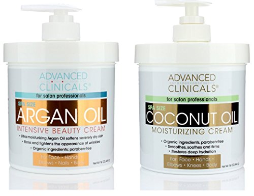 Product Cover Advanced Clinicals Coconut Oil Cream and Argan Oil Cream Set. Value skincare set contains best-selling Coconut Oil and Argan Oil. Anti-aging creams for face, hands, body. Two spa size 16oz creams.
