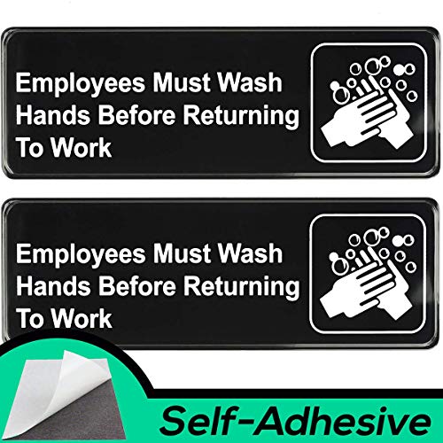 Product Cover Easy Install Employees Must Wash Hands Before Returning to Work Sign With Self-Adhesive Backing. 2 Pack Set, One Each For The Mens and Womens Restroom. Takes 30 Seconds To Post Above Bathroom Sinks