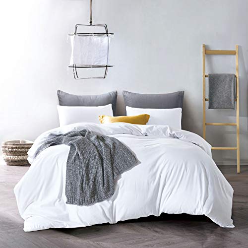 Product Cover ATsense Duvet Cover King, 100% Washed Cotton, Bedding Duvet Cover Set, 3-Piece, Ultra Soft and Easy Care, Simple Style Bedding Set (White 7006-4)