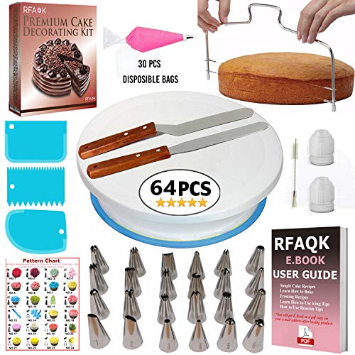 Product Cover RFAQK 64 PCs Cake decorating supplies kit with Cake Turntable-Cake leveler-24 Numbered Piping Tips with Pattern Chart & EBook- Straight & Offset Spatula-30 Icings Bags- 3 Icing smoother Scraper set