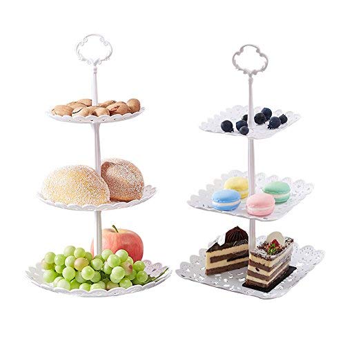 Product Cover 2 Set of 3-Tier Plastic Cupcake Stand Dessert Plates Mini Cakes Fruit Candy Display Tower White for Kids Birthday Tea Party Baby Shower Serving Tray Small