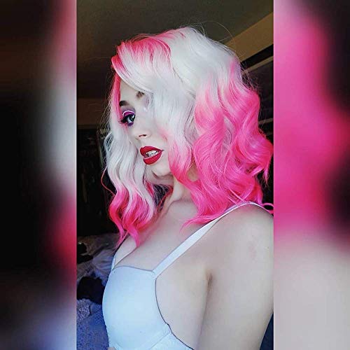 Product Cover Imstyle Pink Blonde Lace Front Wigs Short Bob Wavy Wigs for Women 2 Tone Neon Color Synthetic Hair Wig Free Part With Natural Hairline Shoulder Length