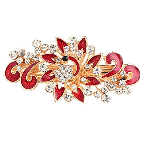 Product Cover NYKKOLA Women's Multilayered Peacock Shaped Rhinestone French Barrette Hair Clip Red