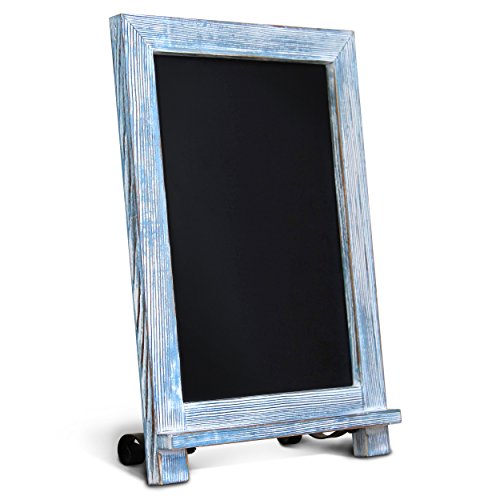 Product Cover HBCY Creations Rustic Blue Wood Tabletop Chalkboard with Legs/Vintage Wedding Table Sign/Small Kitchen Countertop Memo Board/Antique Wooden Frame (9.5
