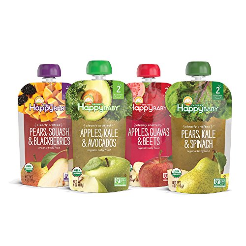Product Cover Happy Baby Organic Clearly Crafted Stage 2 Baby Food Variety Pack, Pear Squash & Blackberries, Apple Kale & Avocado, Apple Guava & Beet, Pear Kale & Spinach,  4 Ounce Pouch (Pack of 16)