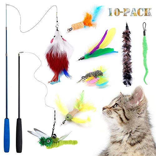 Product Cover Teeyee [10 in 1] Cat Feather Toys, Cat Retractable Teaser Wand Toy Set, Interactive Cat Chaser Toy for Exercising Kitten or Cat, Included 2 Wands & 8 Refills Feathers  (10 in 1)