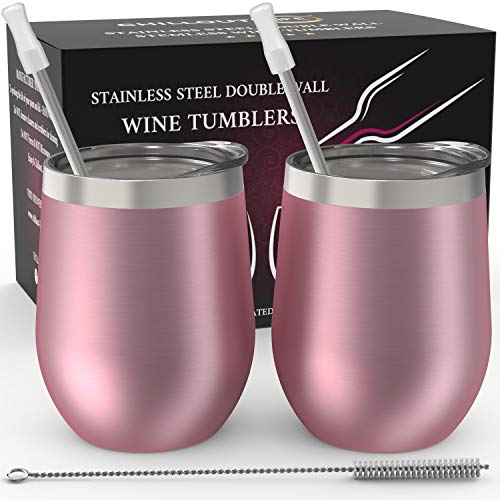 Product Cover CHILLOUT LIFE Stainless Steel Stemless Wine Glass Tumbler 2 Pack Rose Gold 12 oz | Double Wall Vacuum Insulated Wine Tumbler with Lids and Straws Set of Two for Coffee, Wine, Cocktails, Ice Cream