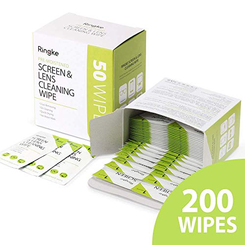 Product Cover Ringke Screen and Lens Cleaning Wipes, 200 (50 x 4 Pack) Pre-Moistened Wet Alcohol Wipes Streak Free Portable Individually Wrapped Cleaning Towelettes for Camera, Cell Phone, Eyeglasses, and More