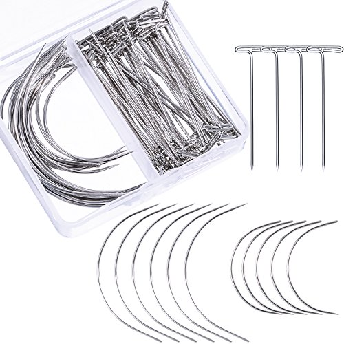 Product Cover Bememo 70 Pieces Wig Making Pins Needles Set, Wig T Pins and C Curved Needles Hair Weave Needles for Wig Making, Blocking Knitting, Modelling and Crafts