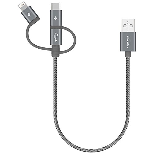 Product Cover MOMAX Multiple USB Charging Cable (1ft) Nylon Braided USB C(3A) + Lightning + Micro USB 3 in 1 Phone Charger Adapter for iPhone iPad Android Phones and More- MFi Certified (Grey 30cm)