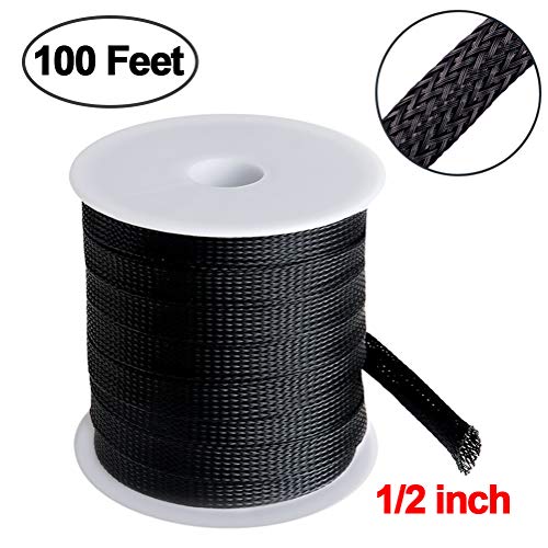 Product Cover 100 Feet -1/2 inch Flexible Expandable Braided Cable Sleeve, Wire Loom Sleeving and Organizer, Protector for TV, Audio, PC Cords from Pets Chewing by MILAPEAK, Black