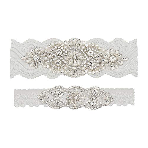 Product Cover yanstar Wedding Bridal Garter Off-White Stretch Lace Bridal Garter Sets with Silver Rhinestones Clear Crystal Pearl for Wedding