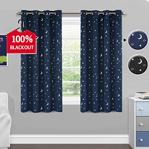Product Cover H.VERSAILTEX 100% Blackout Curtains Starry Night Twinkle Moon and Star Pattern Galaxy Room Decor Thermal Insulated Nursery Window Drape with Grommet for Kid's Room Sold 2 Panels (Each 52