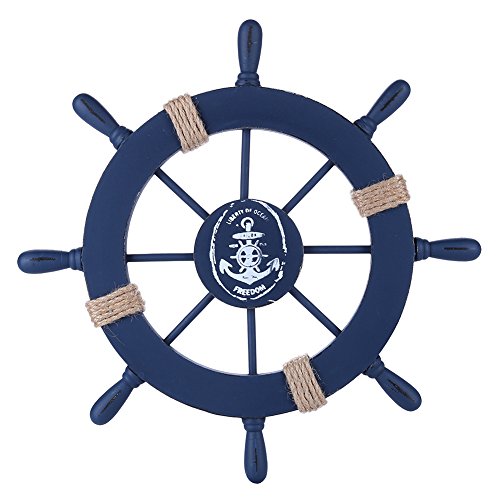 Product Cover Rienar Nautical Beach Wooden Boat Ship Steering Wheel Fishing Net Shell Home Wall Decor (Deep Blue)
