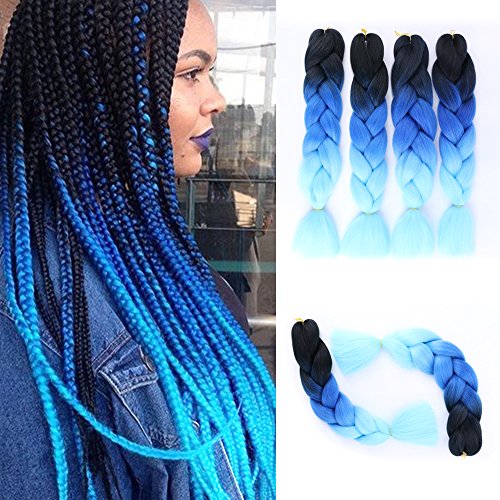 Product Cover Ombre Jumbo Braiding Hair Extensions 4Pcs/Lot 100g/pc Kanekalon Synthetic Fiber for Twist Brading Hair(Black-Royal Blue-Light Blue)