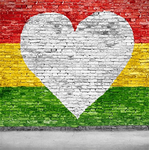 Product Cover CSFOTO 8x8ft Background for Love Reggae on Brick Wall Photography Backdrop White Heart Shaped Yellow Green Red Colourful Striped Painted Wall Photo Studio Props Portrait Vinyl Wallpaper