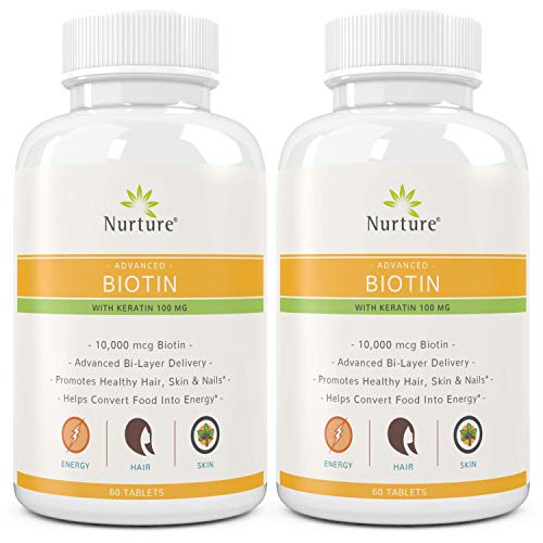 Product Cover Advanced Biotin with Keratin (2-Pack) | 10000 mcg Biotin - 100 mg Keratin - Promotes Healthy Hair, Skin & Nails - Helps Convert Food Into Energy - Time Released - 120 Tablets