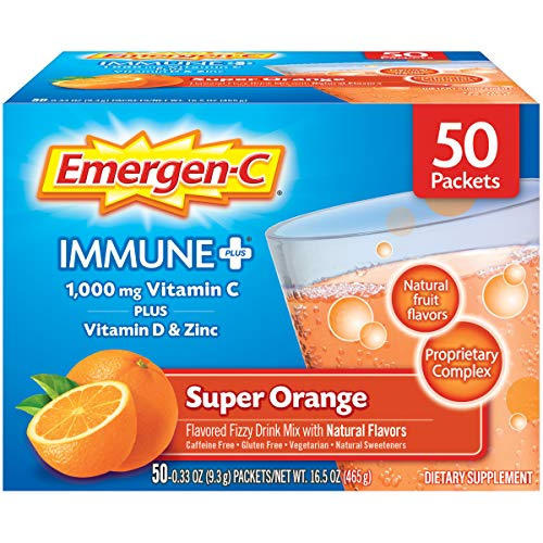 Product Cover Emergen-C Immune+ Vitamin C 1000mg Powder, Plus Vitamin D And Zinc (50 Count, Super Orange Flavor), Immune Support Dietary Supplement Fizzy Drink Mix, Antioxidants & Electrolytes
