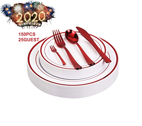 Product Cover 125pcs Disposable Plastic Plates and Cutlery Set/Party Tableware - Including 25 Red Trim Dinner Plates, 25 Salad or Dessert Plates & 25 Polished Red Forks Knives & Spoons - Bonus 25 Dessert Forks