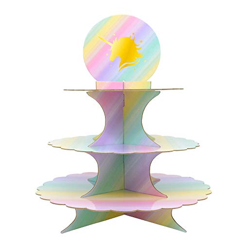 Product Cover 3 Tier Unicorn Cardboard Cupcake Stand Tower Mini Round Cupcake Stand Dessert Cupcake Holder Baby Shower, Gender Reveal Party, Kids Birthday Party Unicorn Themed Party - 12 inches by Lucky Party