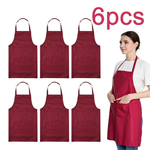 Product Cover LOYHUANG Total 6PCS Deep Red Bib Apron for Women Adult Unisex Durable Comfortable with 2 Front Pockets Washable Chef Aprons for Cooking Baking Kitchen Restaurant Crafting Painting.