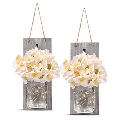 Product Cover HOMKO Decorative Mason Jar Wall Decor - Rustic Wall Sconces with 6-Hour Timer LED Fairy Lights and Flowers - Farmhouse Home Decor (Set of 2)
