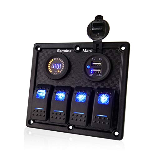 Product Cover 4 Gang Rocker Switch Panel with 12V Digital Voltmeter Display, 5V 2.1A Dual USB Port, 12V / 24V LED Blue Lighted On/Off Switches for RV Truck Off-Road Vehicles Boat
