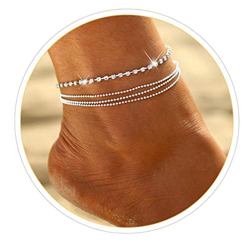 Product Cover Simsly Anklet Bracelet with Rhinestone Beach Beaded Ankle Foot Chain for Women and Girls (Silver)