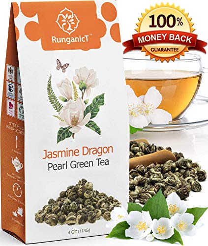 Product Cover Organic Jasmine Green Tea Pearls Authentic Imperial Dragon Pearls Flowering Strings of Loose Leaf Green Tea that Brings you Focus with Stress Relieving Jasmin Aroma (04)