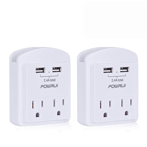 Product Cover USB Wall Charger, Small Surge Protector, POWRUI USB Outlet with 2 USB Ports (2.4A Total) and Top Phone Holder for Apple, iPhone, iPad, Samsung, 1080Joules, White (2-Pack), ETL Certified