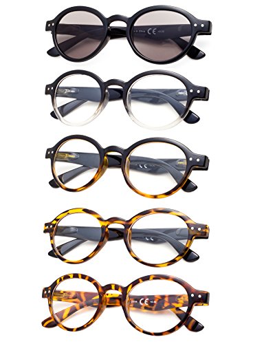 Product Cover 5-Pack Round Retro Reading Glasses with Spring Hinges Include Sunshine Readers