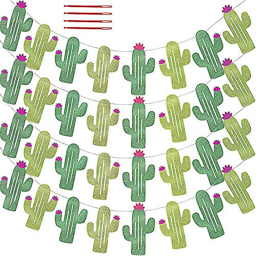 Product Cover 32 Pcs/31.2' (4 Pack) Fiesta Bachelorette Graduation Party Cactus Banner Garland Backgound String Cactus Glitter Green for Kids Birthday Summer Tropical Wedding Taco Cinco De Mayo Party Decor Favor