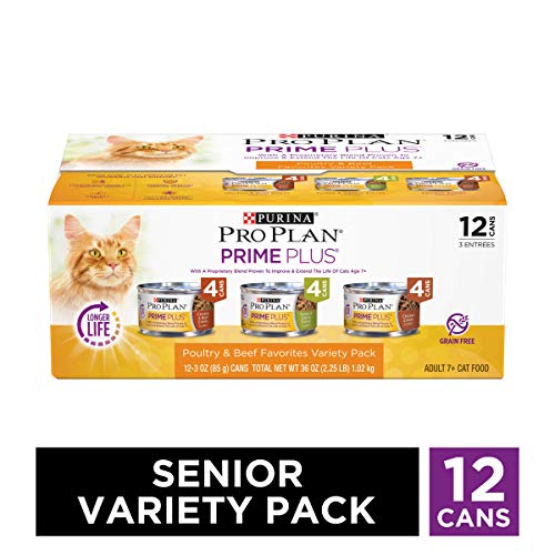 Product Cover Purina Pro Plan Grain Free Senior Pate Wet Cat Food Variety Pack, PRIME PLUS Poultry & Beef Favorites - (2 Packs of 12) 3 oz. Cans