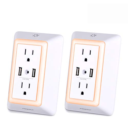 Product Cover USB Wall Charger, Surge Protector, POWRUI USB Outlet with 2 USB Ports (2.4A Total) and Dusk-to-Dawn Sensor Night Light, 1080Joules, ETL Listed - White (2-Pack)