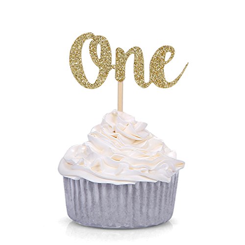 Product Cover Set of 24 Gold Glitter Number One Cupcake Toppers Kids' First Birthday Party Decors