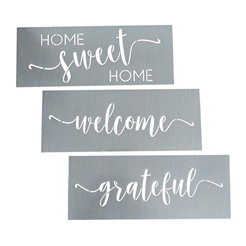 Product Cover Home Sweet Home, Grateful, Welcome Stencil Set - Word Stencils for Painting on Wood + More - Set of 3 Reusable Script Stencils - Sign Stencils Make Modern DIY Signs + DIY Wall Decor - Phrase Stencils