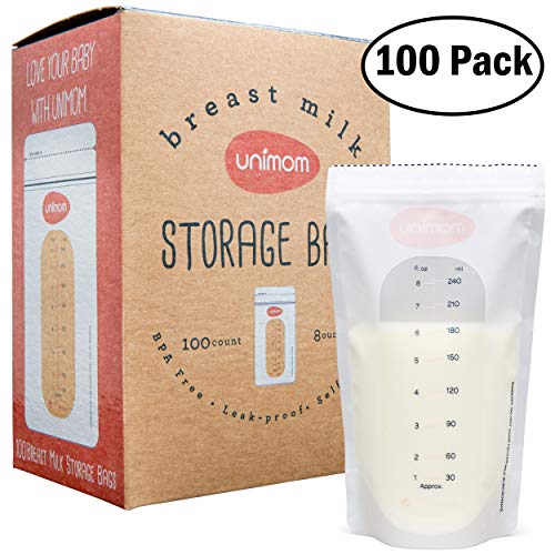 Product Cover Unimom 100 Breastmilk Storage Bags - 8oz - Zip-Top Leak Proof Closure - Self Standing, BPA Free, Pre Sterilized - Graduated Measurement Markings - Easy Tear for Pouring
